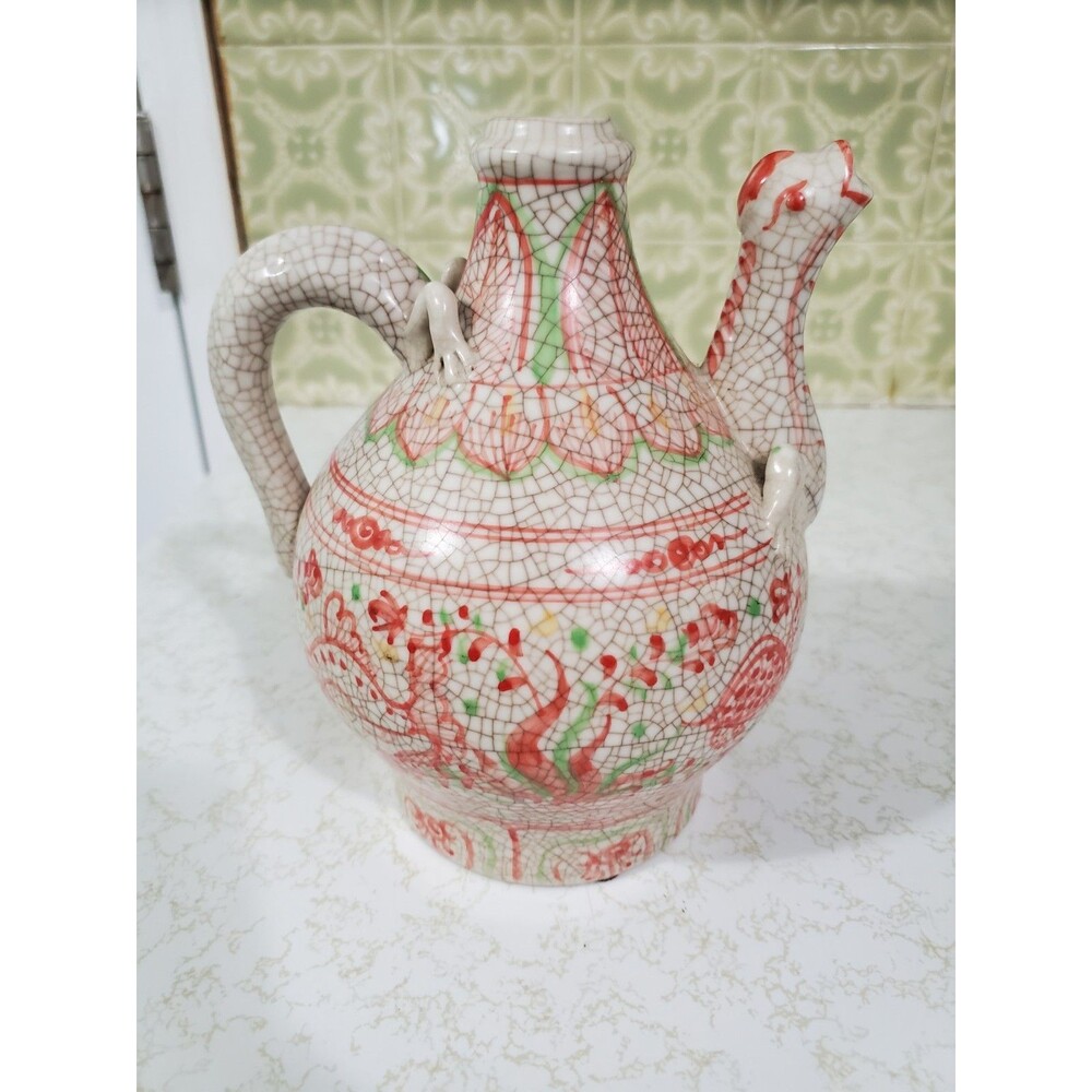 Chinese Dragon Motif Crackle Wine Warming Pot Qing Dynasty Style RARE Vintage